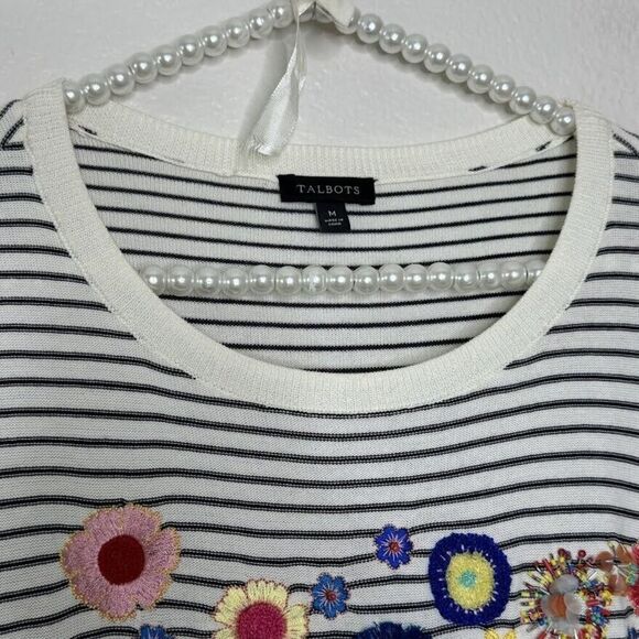 Talbots Sweater Medium Striped Floral Embroidery Beaded Embellish Bell Sleeve - Picture 3 of 16
